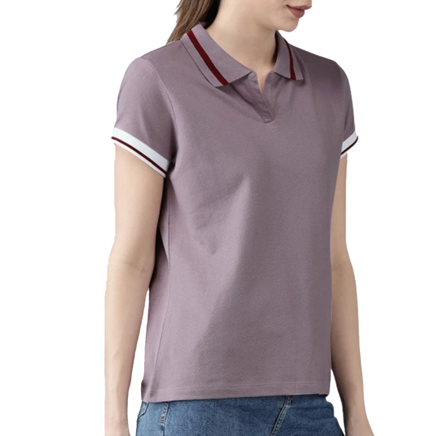 New Design Slim Fit Popular Womens Deep V Neck Shirts Tan Stretch Casual Top Polo Shirt