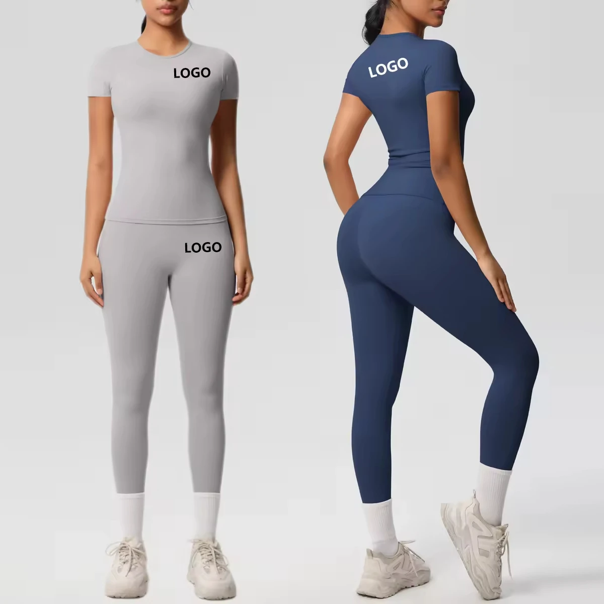 2026 Custom Yoga Gym Legging Set For Women Breathable 2-Piece Activewear Fitness Top Leggings Logo Front Short Sleeves Solid