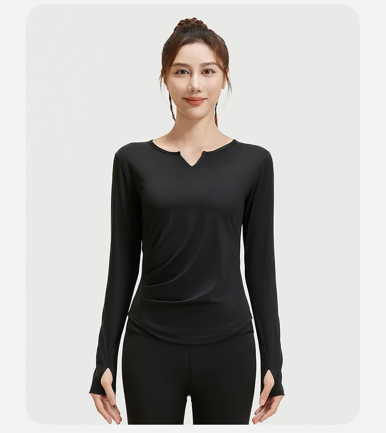 Slimming Sports Fitness Crop Workout for Adults V-Neck Pleated Waist Long-Sleeved Naked Seamless Yoga Top