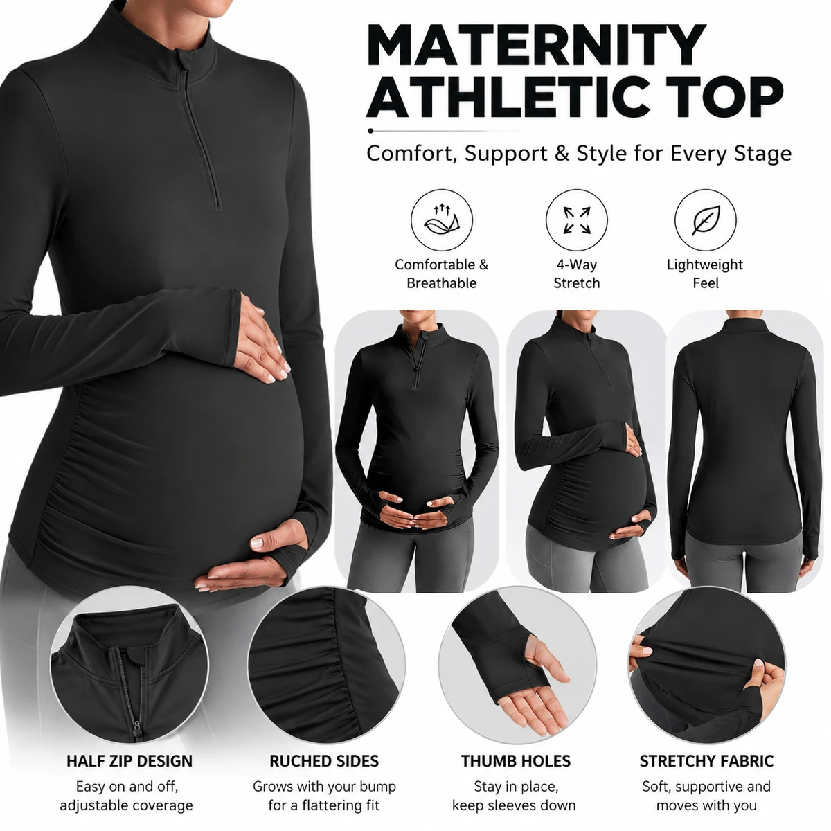 Pregnant Women Workout Sports Top Half Zipper Stand Collar Pregnancy Stretch Pleated Long Sleeve Yoga Quick Dry Spandex