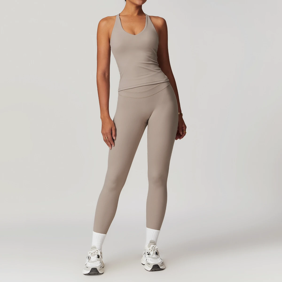 Wholesale Women's 2-Piece Yoga Outfit, V-Neck Tank Top & High Waist Leggings, Naked Feel High Elastic Fitness Workout Sportswear