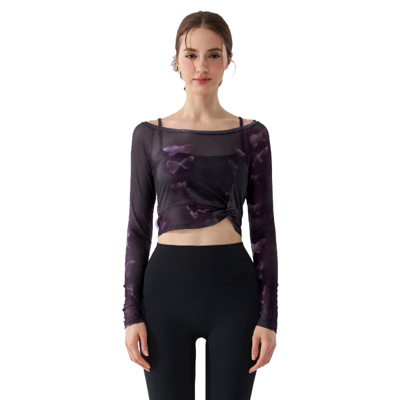 Butterfly Printed Long Sleeve Mesh Sports Fitness Top Sexy Quick Dry 2 Pcs Yoga Top for Women Slim Fitness Ladies Gymwear