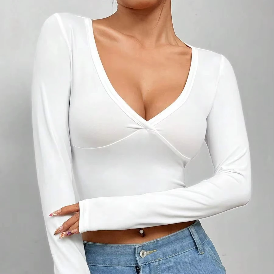 China Factory Quick-drying Outerwear with Chest Pads Fitness Tight Deep V Neck Sports T-shirts Long Sleeve Yoga Tops for Woman