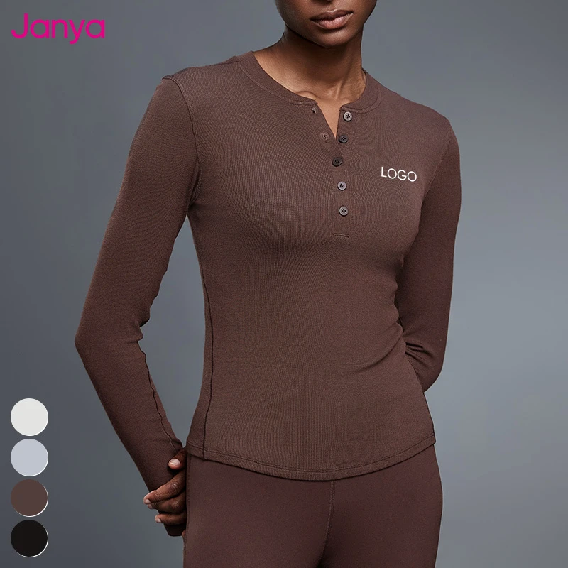 Janya Women's Henley Collar Gym Tops Casual Workout Shirt Button Closure Comfortable Modal Long Sleeve Yoga Sports T-Shirt