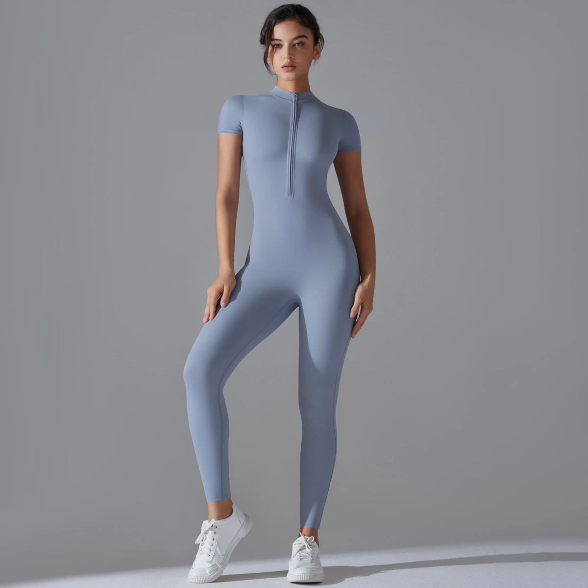 Solid Zip-Up Stretch Bodysuit Short Sleeve Workout Top Running 7/8 Length Jumpsuit Yoga Wear Slim Quick-Dry
