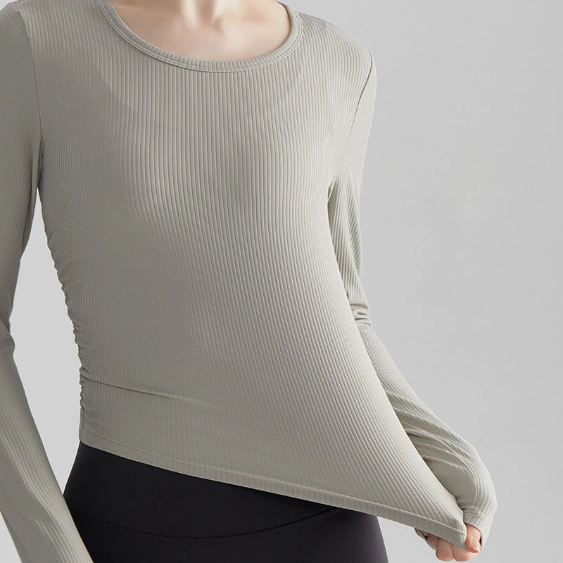 Custom logo Long Sleeve Soft Skin Friendly Side Pleats Slim Fit Yoga Sport Outdoor Antibacterial Fabric Breathable Ribbed Top