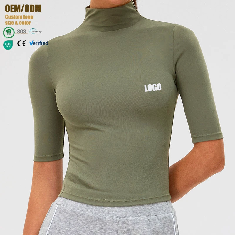 Women's Cute Tight Quick-drying Nylon Spandex Sports T-shirt High Collar Mid-sleeve Outerwear Yoga Outdoor Running Fitness Top