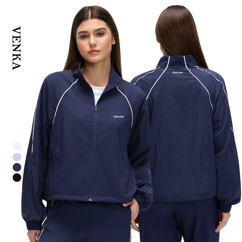 Women's Stand Collar Windproof Top Lightweight Full Zipper Breathable Long-Sleeved Drawstring Hemline Women Yoga Fitness Jacket