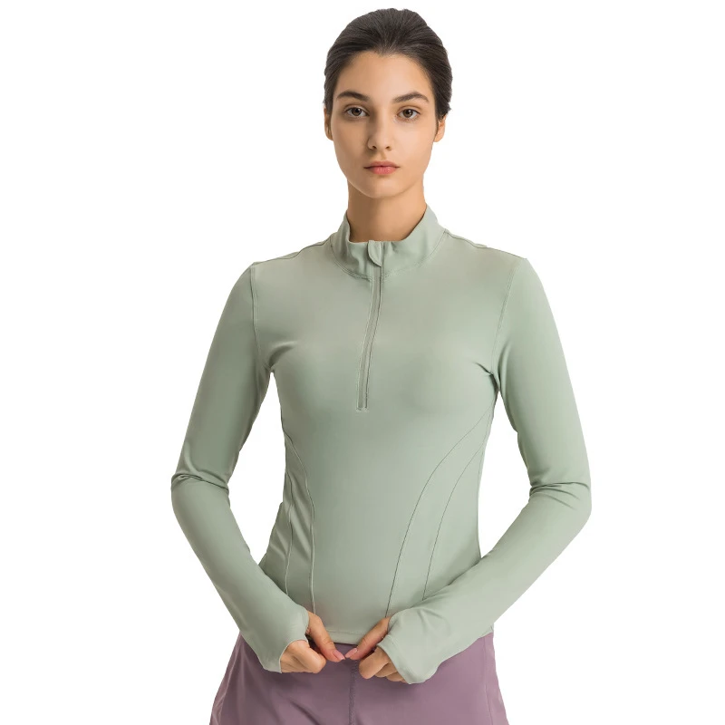 Double-sided Brushed Nylon Spandex Yoga Tops Half Zipper Stand Collar Yoga Jacket Elastic Tight Slim Autumn Sport Jacket Women