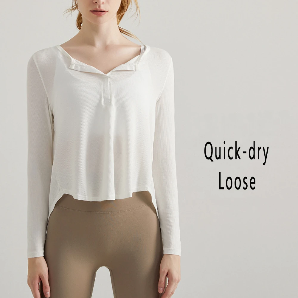 Premium Striped Yoga Long Sleeve Top Women Open Collar Loose Fit Gym Shirt Autumn Spring Breathable Running Workout Pullover