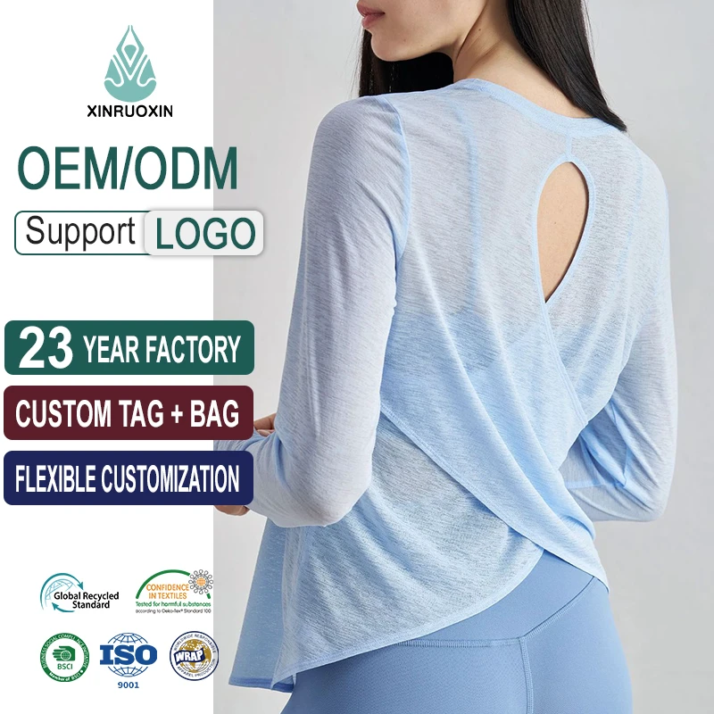Summer Round-Neck Fitness Top Seamless Long-Sleeved Yoga Cover-Up Open Back Crossed Hem Breathable Design with Front Logo