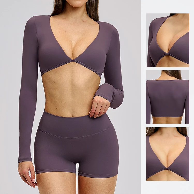 Casual Yoga Long-Sleeve V-Neck Fashionable Cropped Sports Top for Outdoor Fitness Running T-Shirt for Women