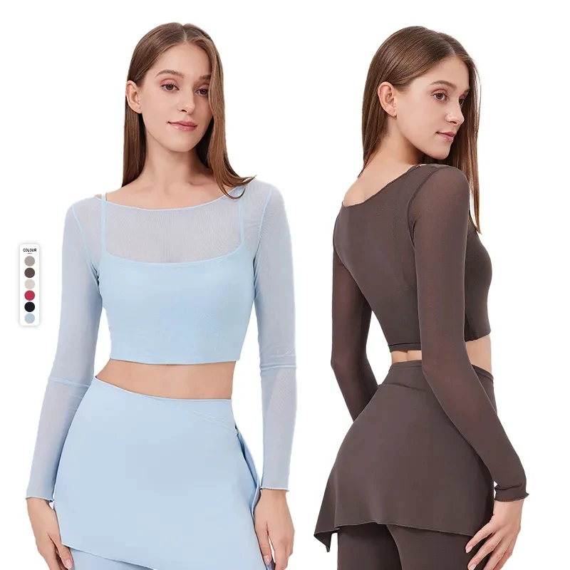 New Custom Women Mesh Long Sleeve Yoga Shirts with Chest Pads Quick-Dry Sports Bra High Elastic Fitness Wear Gym Yoga Crop Tops
