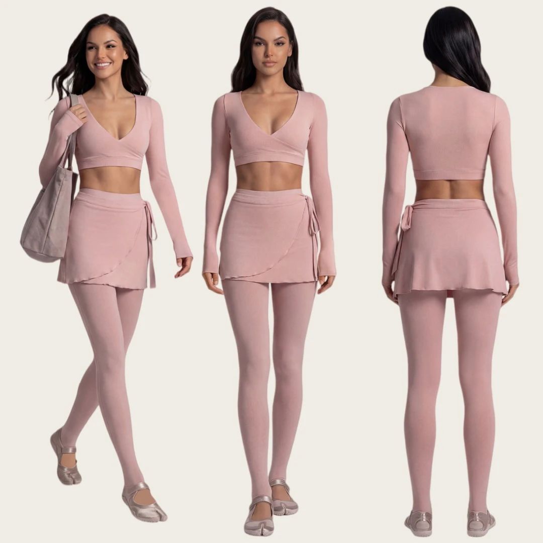 2-Piece Set High Waist Fitness Outfit with Front Crossover Style Ballet-inspired Four-Way Stretch Yoga Wear for Women