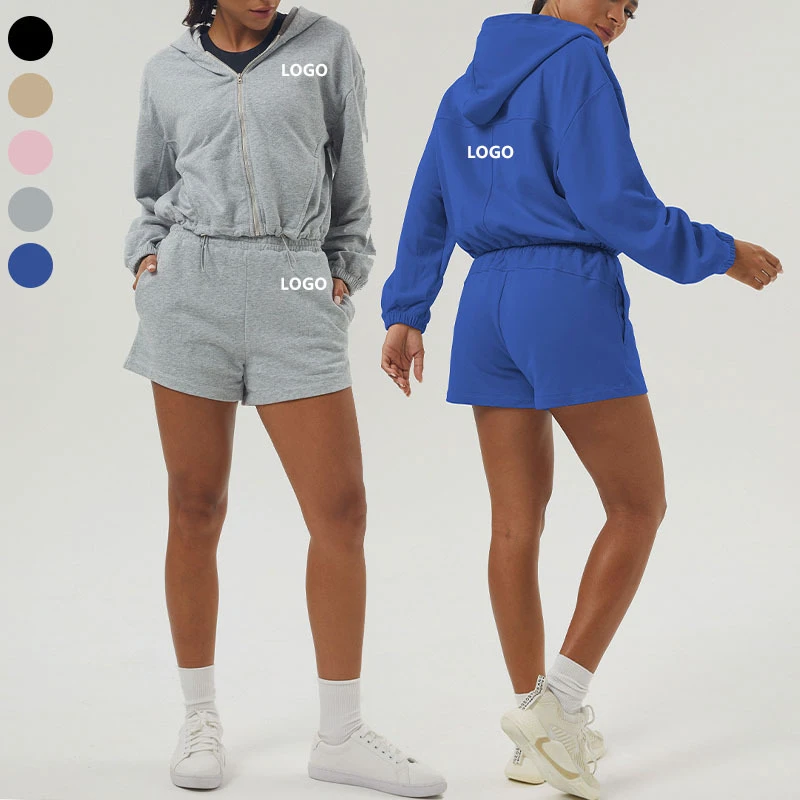Side Pocket Hooded Jackets Tow Piece Yoga Activewear Fitness Sports Elastic High Waist Shorts Workout Sets for Women