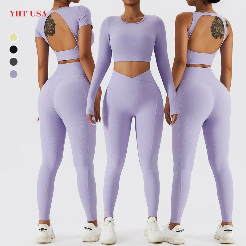 2023 New Women 4-Piece Breathable Plus Size Moisture Wicking Four-Way Stretch Leggings Set Open Back Sports Bra High Waist Yoga