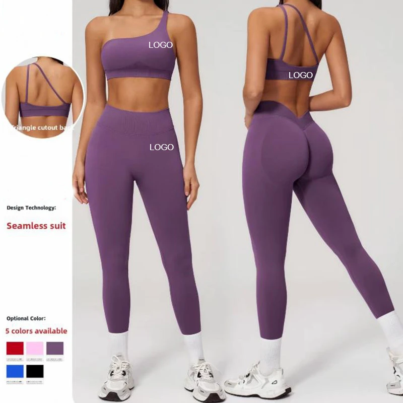 Seamless Solid One-Shoulder 2-Piece Outerwear Sports Legging Suit Tight-Fitting Running Quick-Drying Yoga Set Womens Front