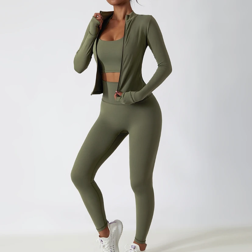 Solid Color Women's Yoga Suit Two-Piece Set Sports Shorts Top Spandex/Nylon Autumn Winter Zipper Moisture Wicking Elastic Waist
