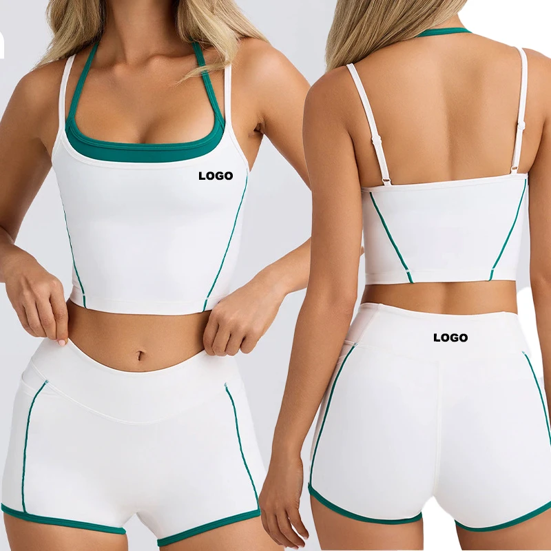 Side Pockets Summer Yoga Tank Top Short Set Women 2 Piece Short Set Gym Workout Yoga Tops Biker Short Women Activewear Set