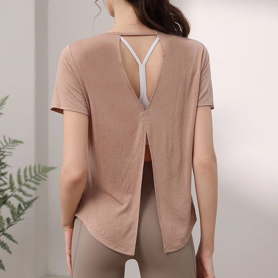 Viscose/Polyester Short Sleeve Yoga Wear Sports Top Women's Breathable Loose Fit Back Blouse Running Aerobics Pilates Fitness