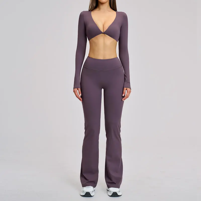 JY Women's 2-Piece Yoga Sports Suit Set Quick Dry Breathable Nylon/Spandex Deep V Neck High Waist Full Length Sleeveless for