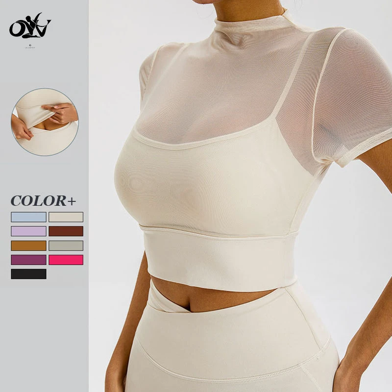 Sexy Mesh 2-in-1 Design Short Sleeve T-shirt Integrate Chest Pad Breathable Comfortable Sports Wear Elegant Yoga Top for Women