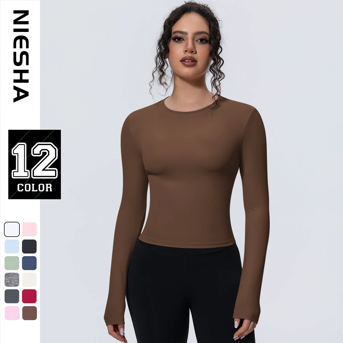 12 Colors Women Round Neck Long Sleeve Yoga T-Shirt Slim Fit Workout Shirts Girl Running Sports Tops