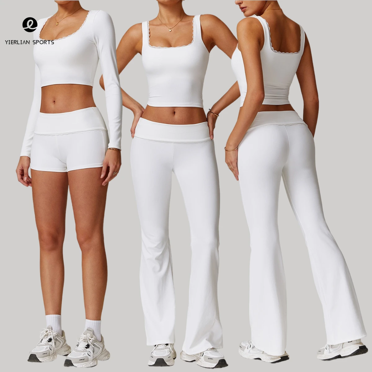 OEM Custom Women's New Fashion Lace Edge Ribbed Spandex Fabric Four Piece Yoga Equipment Set Economic Yoga Sets for Women