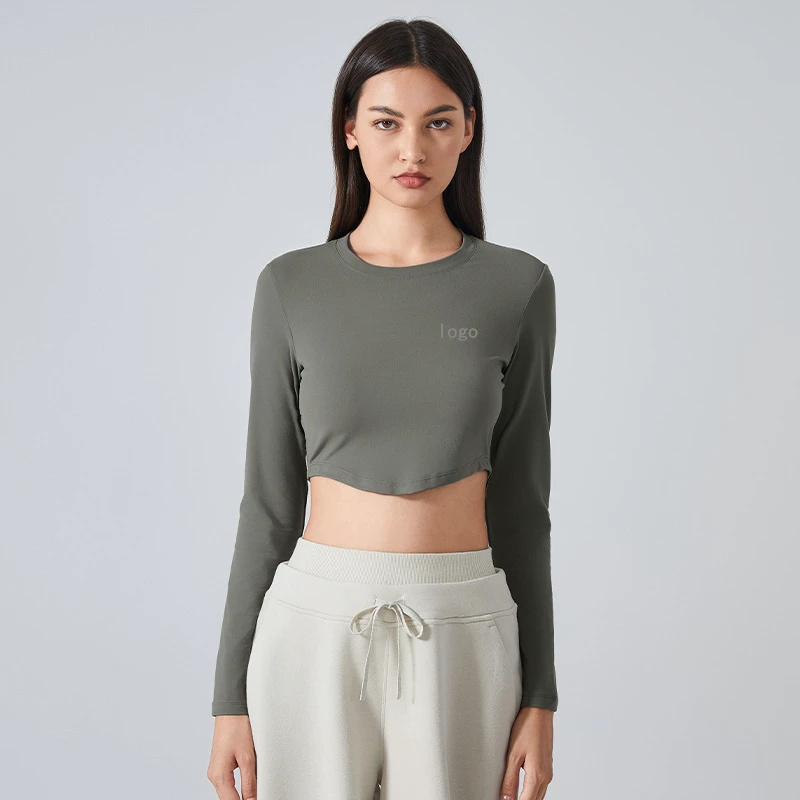 Women's Quick-Drying Yoga Top Breathable Fitness Running Sports Clothing with Exposed Navel Long Sleeved Sexy Customized Logo