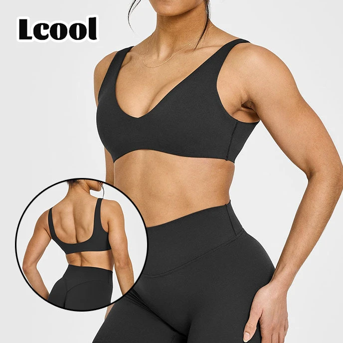 Lcool Custom Soft Padded Running Yoga Fitness Top Deep Neck Gym Bra Solid V Neck High Impact Sports Bra