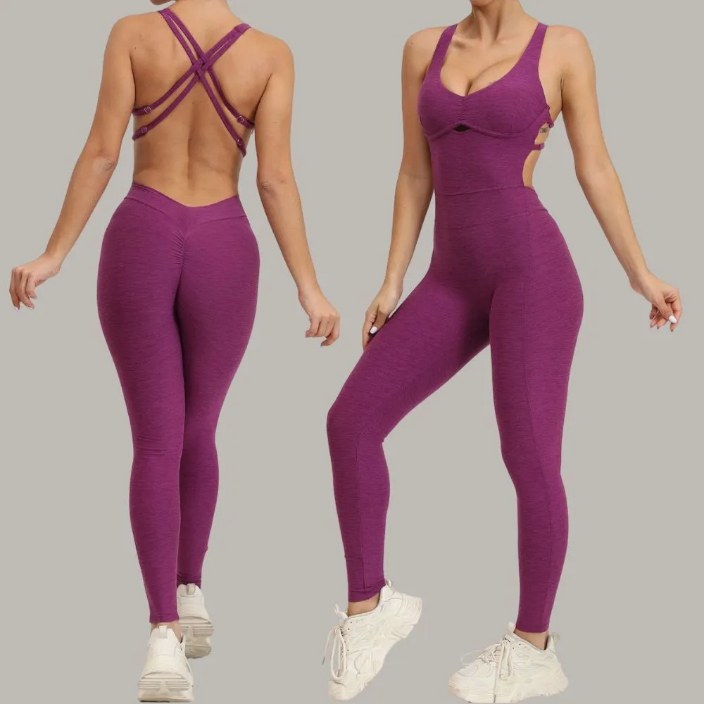 Custom Logo Adjustable Straps Cross Back Yoga Jumpsuit Women Activewear One Piece Butt Lift Fitness Bodysuit Workout Wear