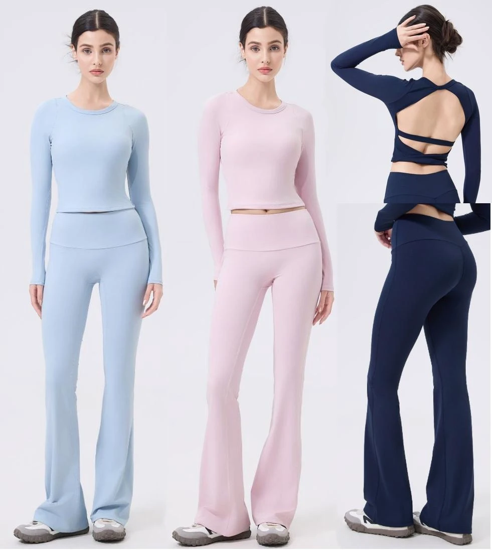 2PCS Women Active Wear Set Hollow Back Long Sleeves Crop Top High Waist Flare Pants Pilates Fitness Yoga Clothes Suit