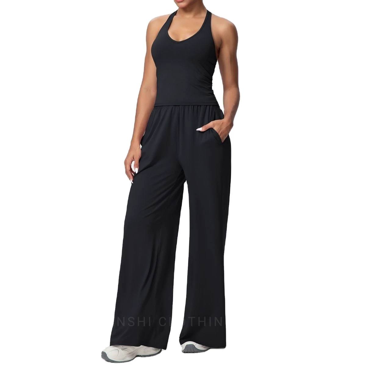 Women Breathable Yoga Set Halter Neck Slim-Fit Backless Sports Vest & Wide-Leg Drawstring Fitness Pants, Casual Activewear Suit
