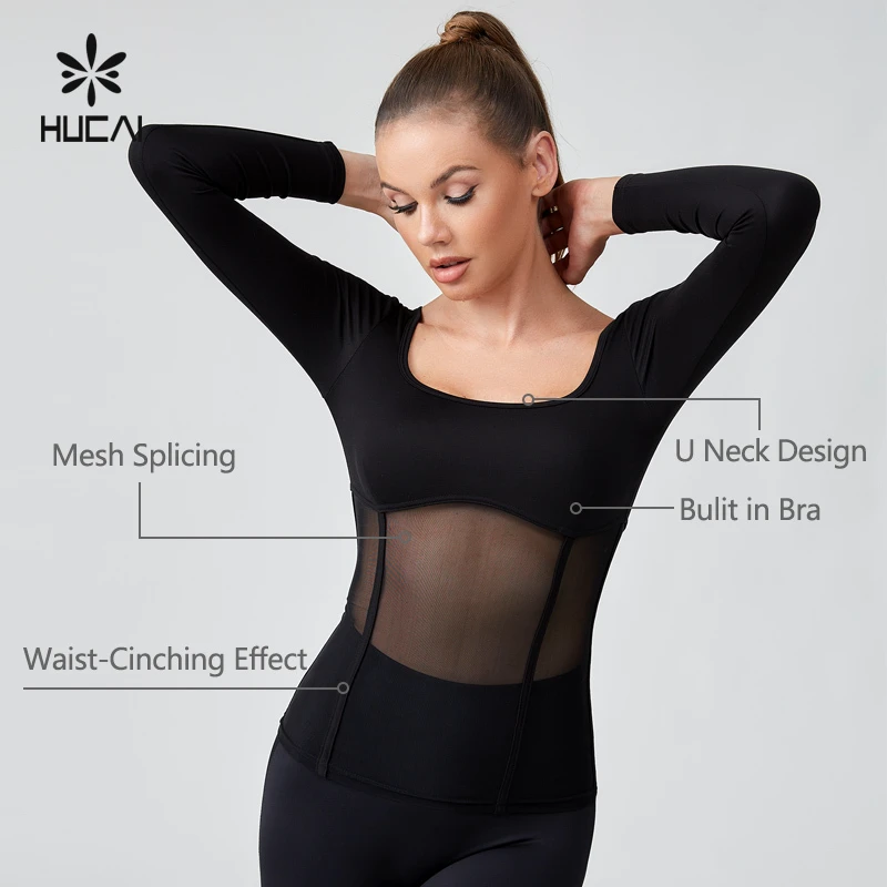 HUCAI Custom Modal Spandex Slim Fit Sexy square Neck Sports Corset Mesh Patchwork Yoga Top Long Sleeve Gym t Shirt for Women
