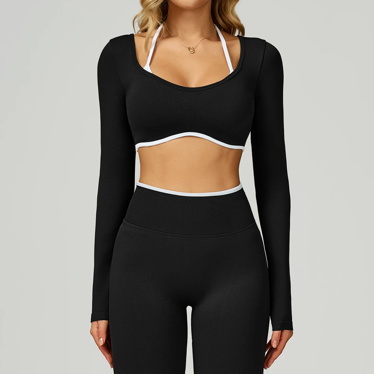 Women Breathable Seamless Long Sleeve Yoga Crop Top Color Blocking Trim High Impact Padding Fitness Activewear Workout Gym Wear