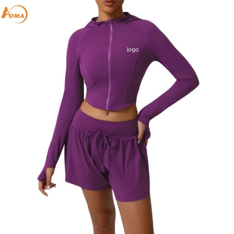 Aoyema Custom Women High Quality Tight Hooded Zipper Jacket Soft Loose Drawstrings Shorts Fitness Sports Yoga Two Pieces Set