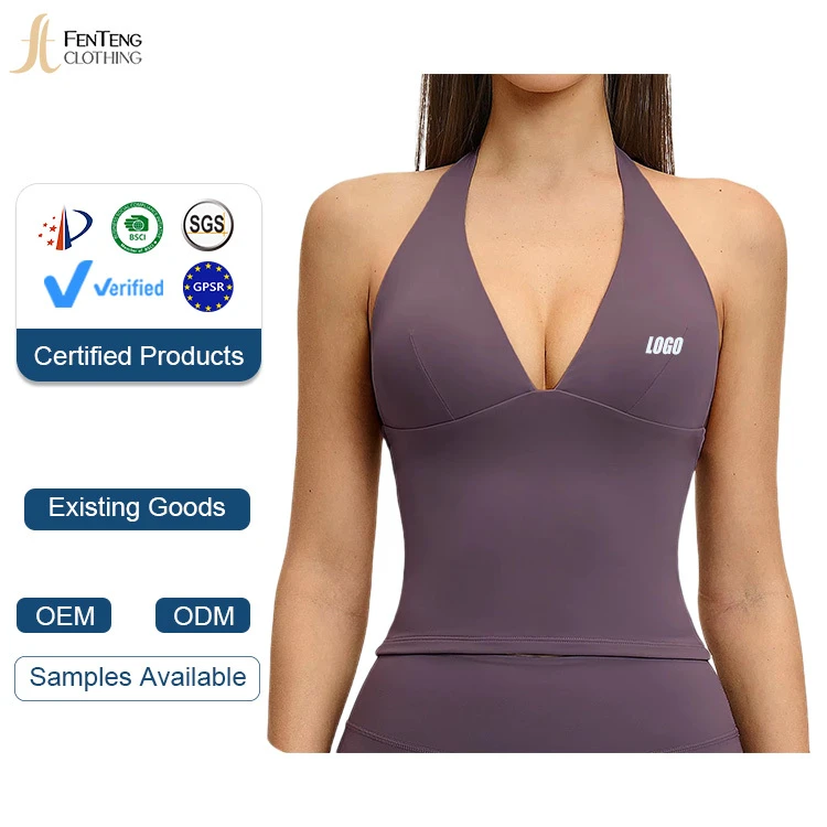 Under Lulu Custom Wholesale Halter V-Neck Sports Vest High-elasticity Naked Feeling Brushed Yoga Top Removable Padded Gym Wear