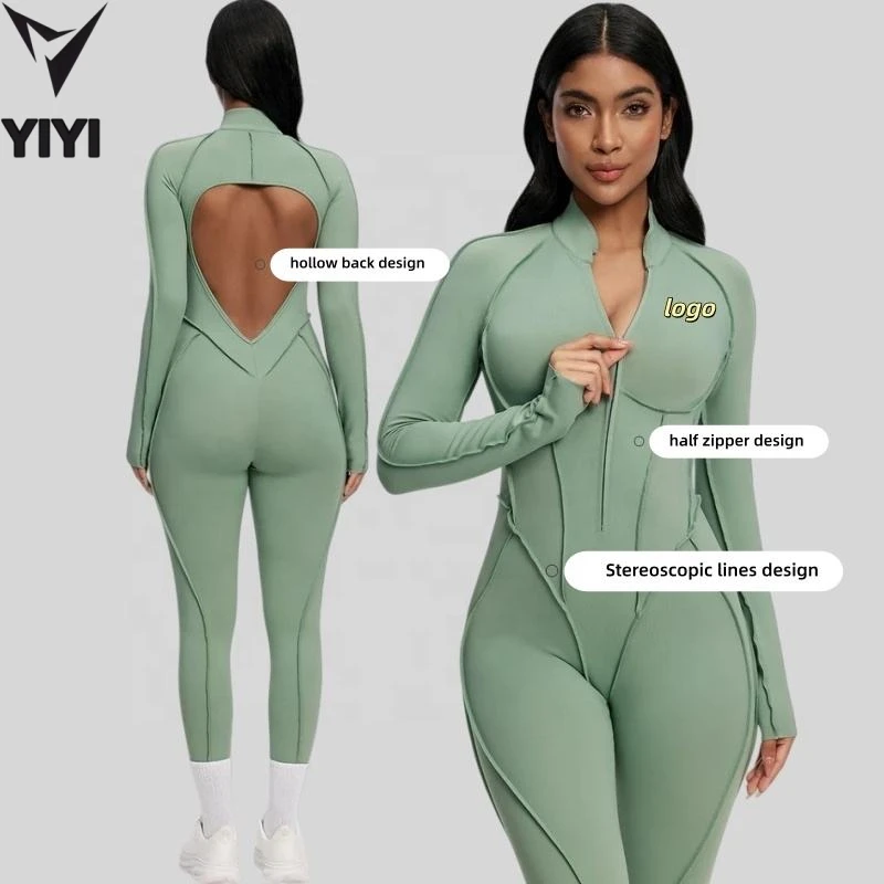 Activity Elastic Backless Full-Length Sports Bodysuit Long Sleeved Zipper Gym Running Yoga Workout Fitness Wear Bodysuits