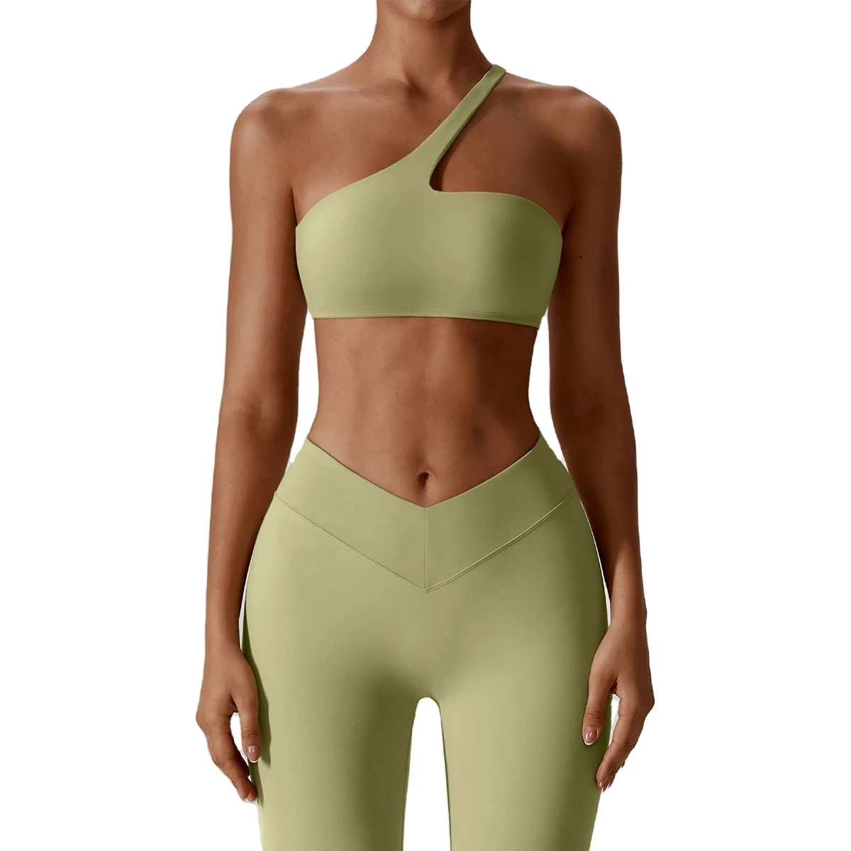 Custom Logo Women Single Shoulder Breathable Lightweight Crop Bra Running V-Cut Stretchy Leggings Yoga Set