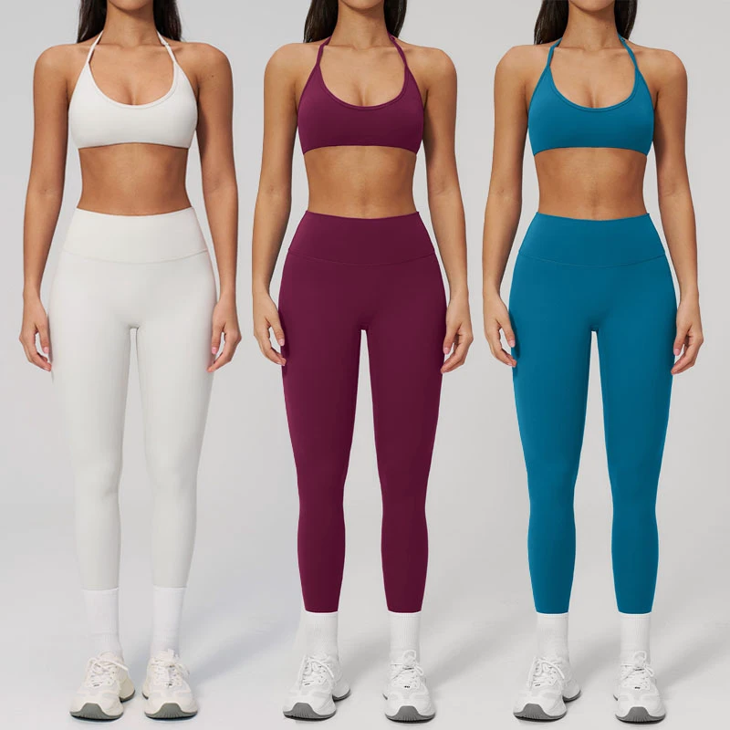 Custom Logo Women Yoga Set Halter Sports Bra Butt Lift Tummy Control Legging Breathable Four-Way Stretch Outdoor Fitness Gym Set