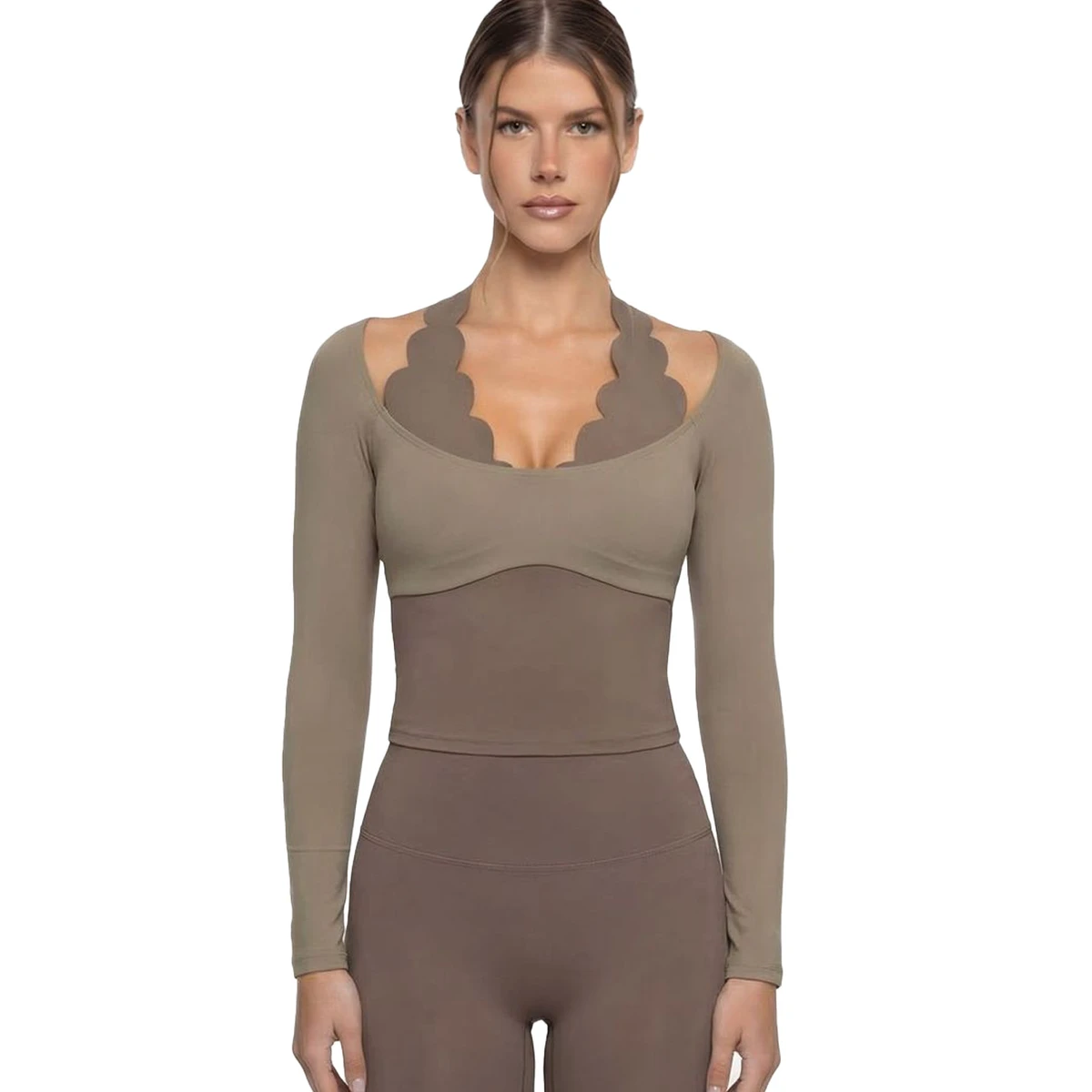 Halter Neck Solid Lace Two-Piece Yoga Set Slim-Fit Breathable Spandex/Nylon Long Sleeve Top & Yoga Pants Outdoor Fitness