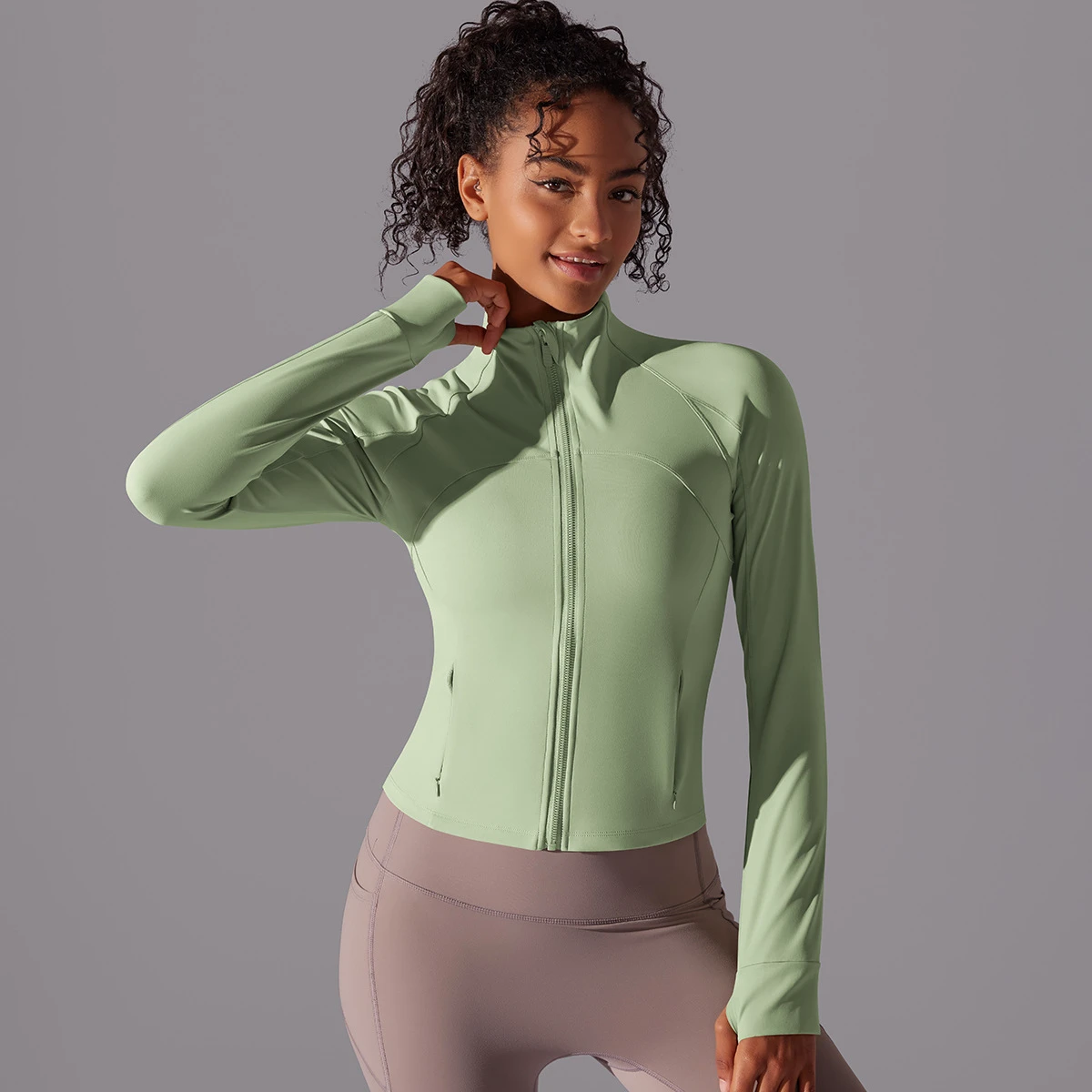 Solid Stand Collar Long Zip Jacket Brushed Fitted Yoga Top Women Running Workout Long Sleeve Slim Fit