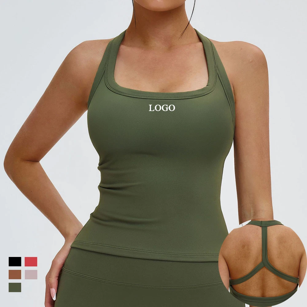 Custom Sustainable Recyclable Scoop Halter Neck Gym Sports Tank Tops Bra 4-Way Stretch Removable Pad Backless Yoga Tank Tops