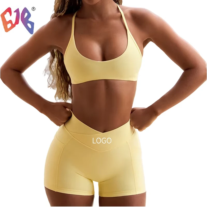 High Stretch Halter Sports Bra Cross Back Bra with High Waist Shorts Yoga Workout Set School Hot Girl Xxx