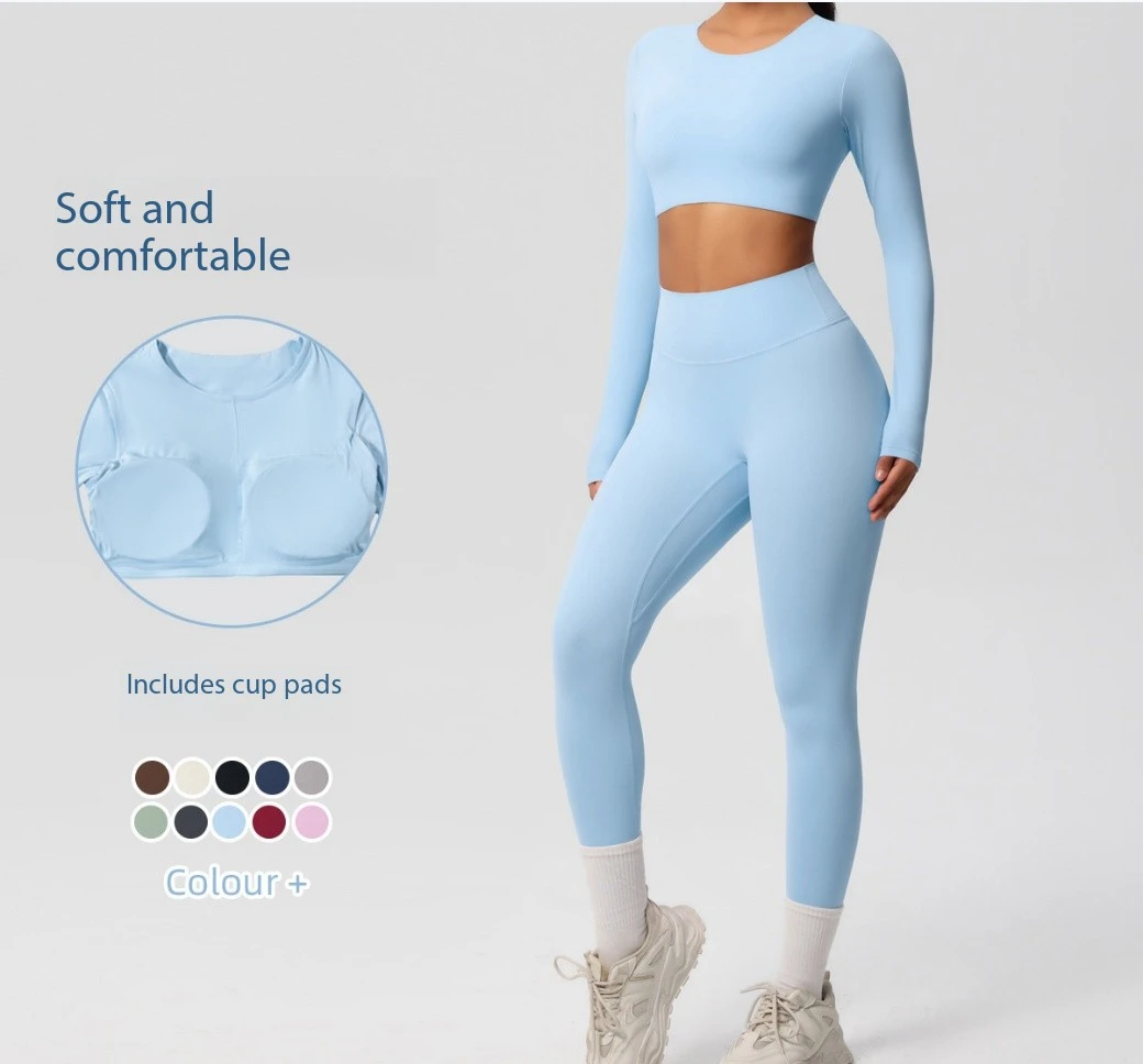 Hot Selling High Waist Two-Piece Sports Fitness Wear Fast Dry Running Nude Tight Yoga Set Breathable Seamless Solid Pattern