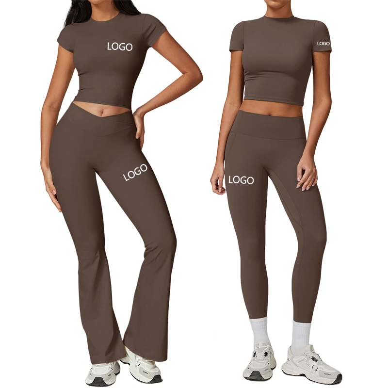 High Quality Casual Yoga Set Women Short Sleeve Leggings Fitness 3 Piece Suit Female Four Way Stretch Sportswear Workout Outfits