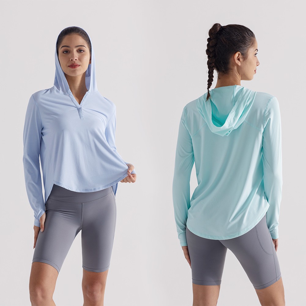 OEM Women Lightweight Hooded V Neck Yoga Shirt Quick Dry Long Sleeve Workout Top Creora Stretch Fabric Sportswear Gymwear