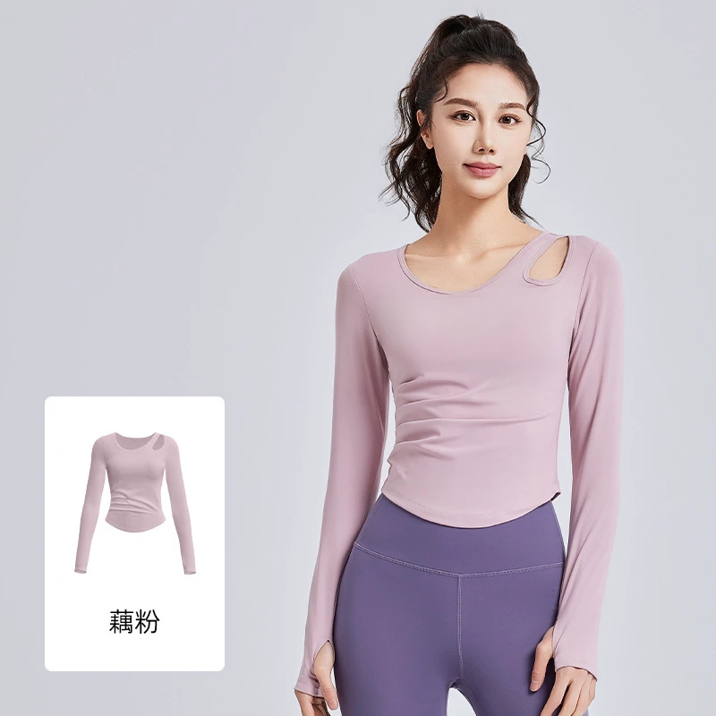 Exercise and Fitness Slimming Off-the-shoulder Hollowed-out Pleated Form-fitting Pilates Yoga Wear, Yoga Long-sleeved Top