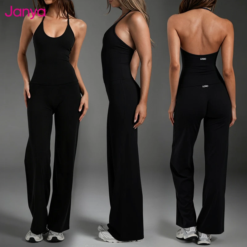 Janya 2 Piece Flare Yoga Pants Set High Waisted Workout Outfits Gym Clothes Custom Logo Sexy Backless Halter Yoga Sets for Women