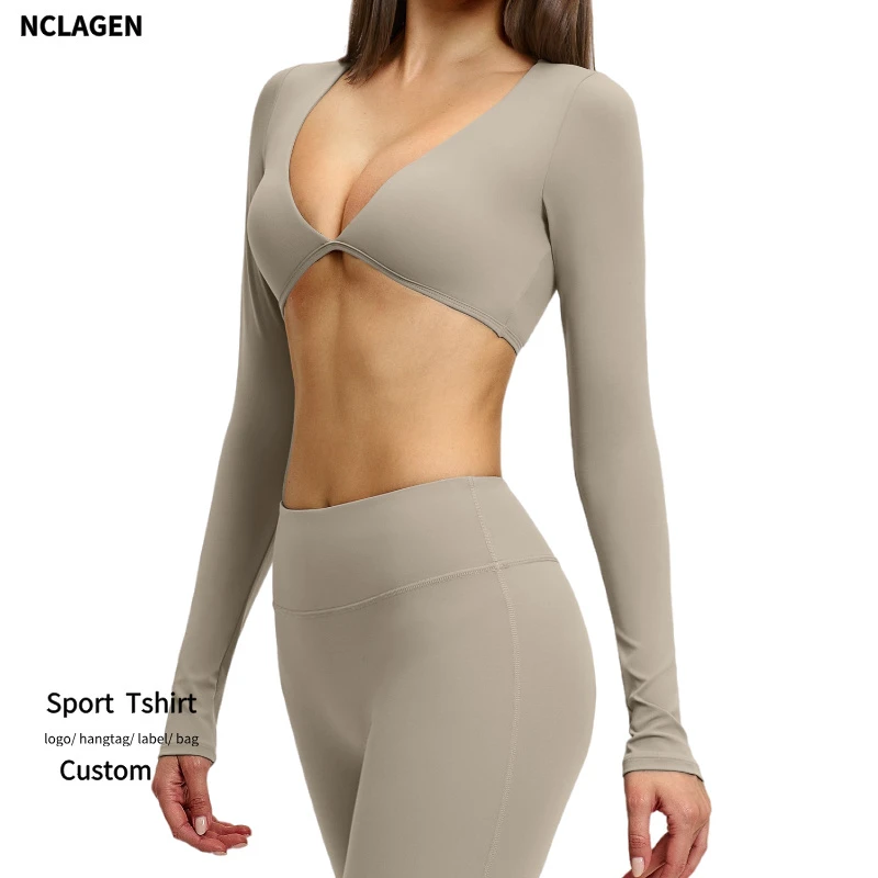 NCLAGEN Women's Lightweight Soft Breathable Four-Way Stretch Gym Shirt Long Sleeve Deep V Neck Padded Athletic Tight Fitting